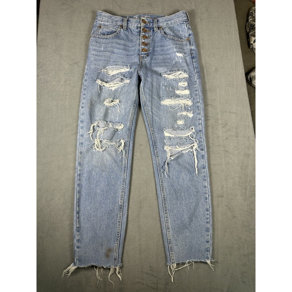 We The Free High Rise Straight Jeans 26 R Distressed Button Fly Raw Hem